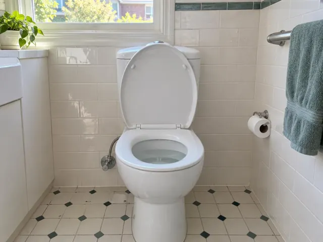 Clean white toilet in a tiled bathroom with window, towel rail and toilet paper holder in Hornsby