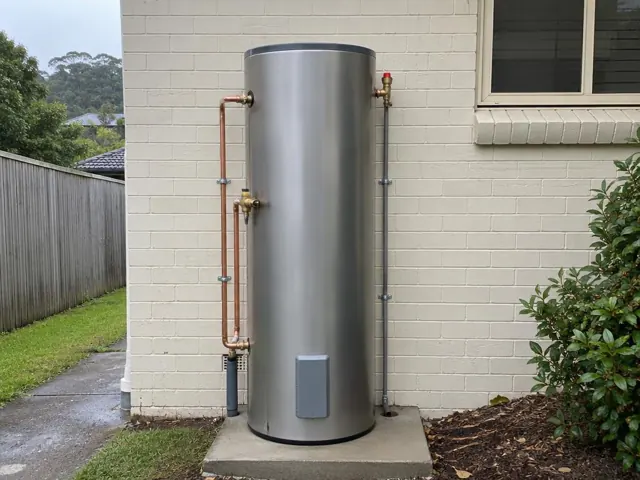 Outdoor hot water cylinder beside a brick house wall and window, with copper and grey pipework in Mount Colah